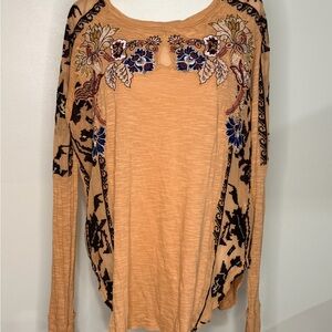 Free People Orange Floral Embroidered Long Sleeve Top